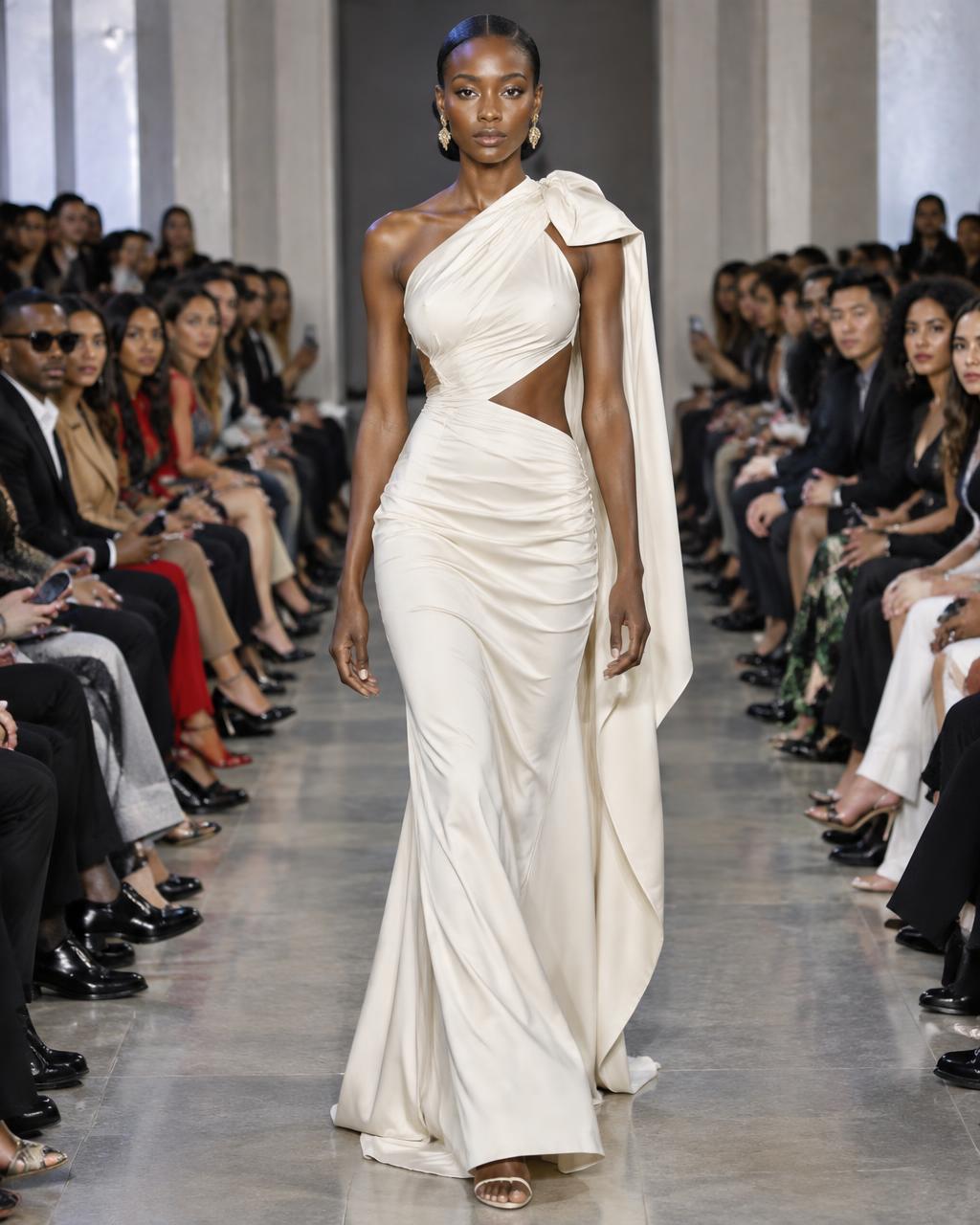A model of color on a runway with an audience of varied ethnicities — illustrative experience image
