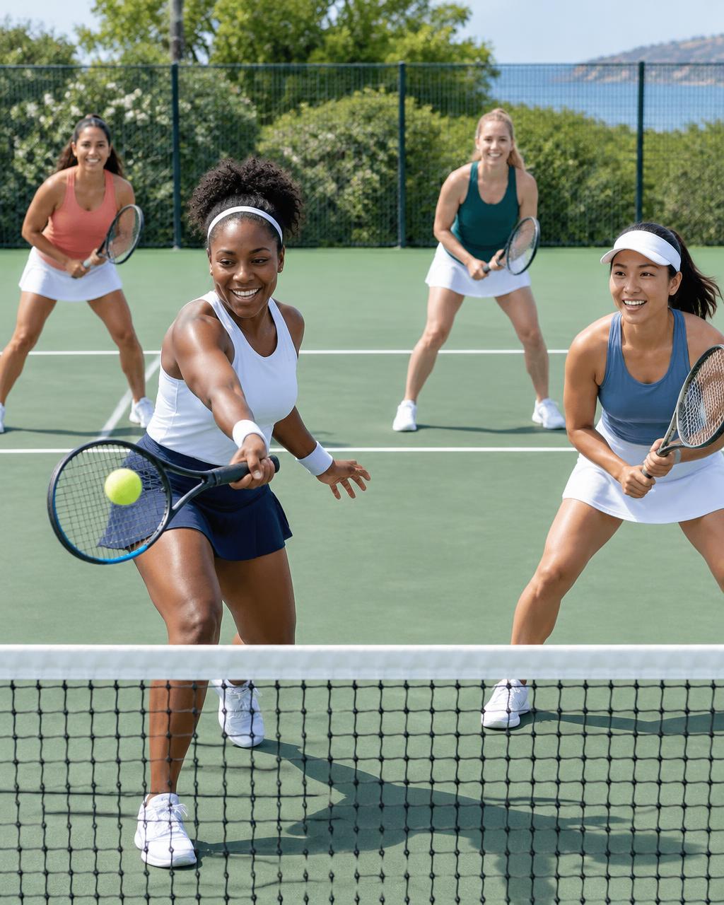 Women of diverse ethnicities playing tennis — illustrative experience image